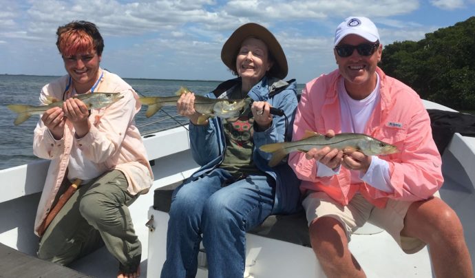 Charlie, Karen, Tim, Small Snook, Catch & Release, Sanibel Fishing & Captiva Fishing, Sanibel Island, Tuesday, March 28, 2017.