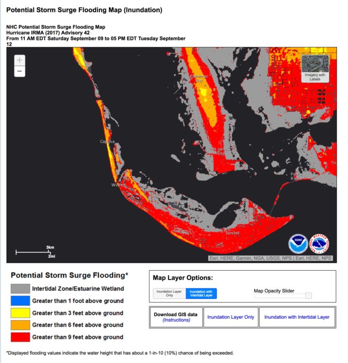 Hurricane Irma Storm Surge Forecast, Sanibel Fishing & Captiva Fishing Reports, 3:30 PM/E Saturday, September 9, 2017.